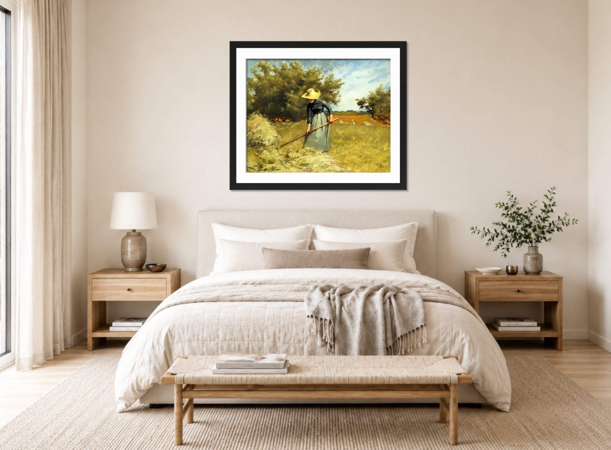 Charles Courtney Curran Print, Haytime (1887) displayed above a bed