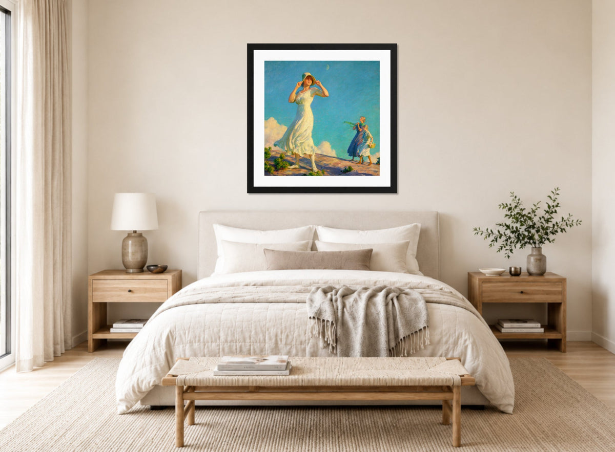 Charles Courtney Curran Print, High Country (1917) displayed above a bed