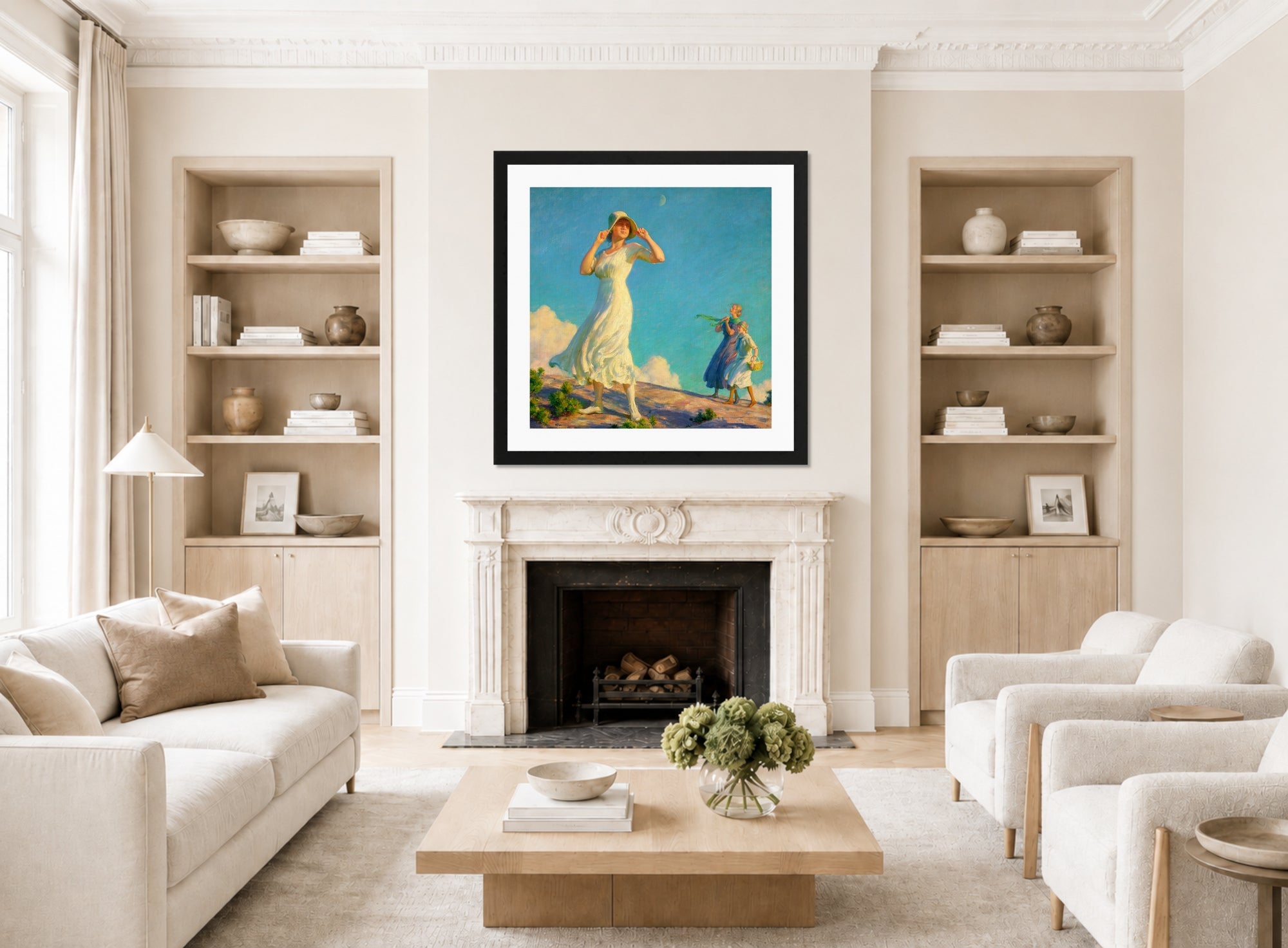 Charles Courtney Curran Print, High Country (1917) displayed in a Scandinavian living room