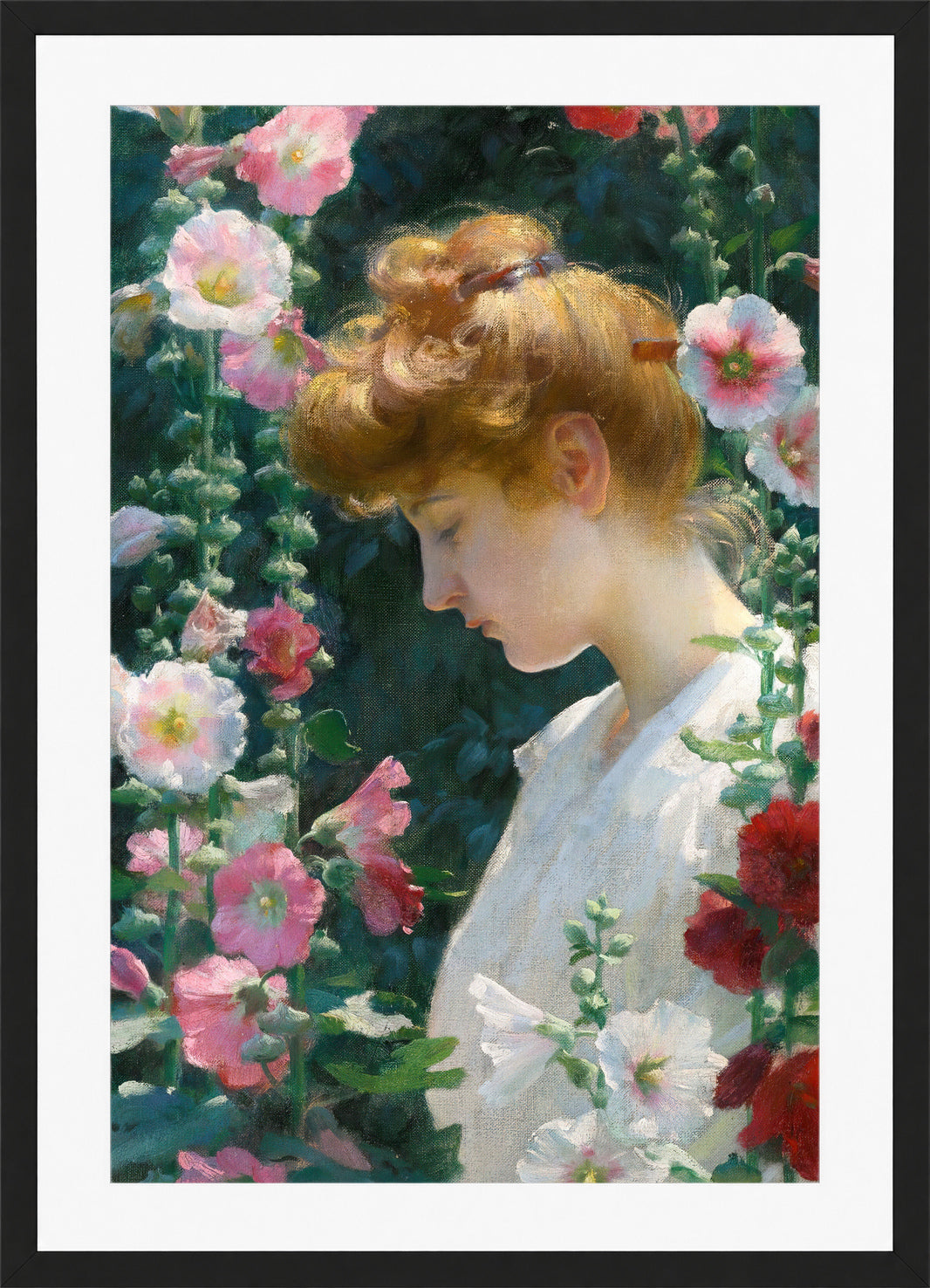Charles Courtney Curran Print, Hollyhocks and Sunlight (1902) in a black frame