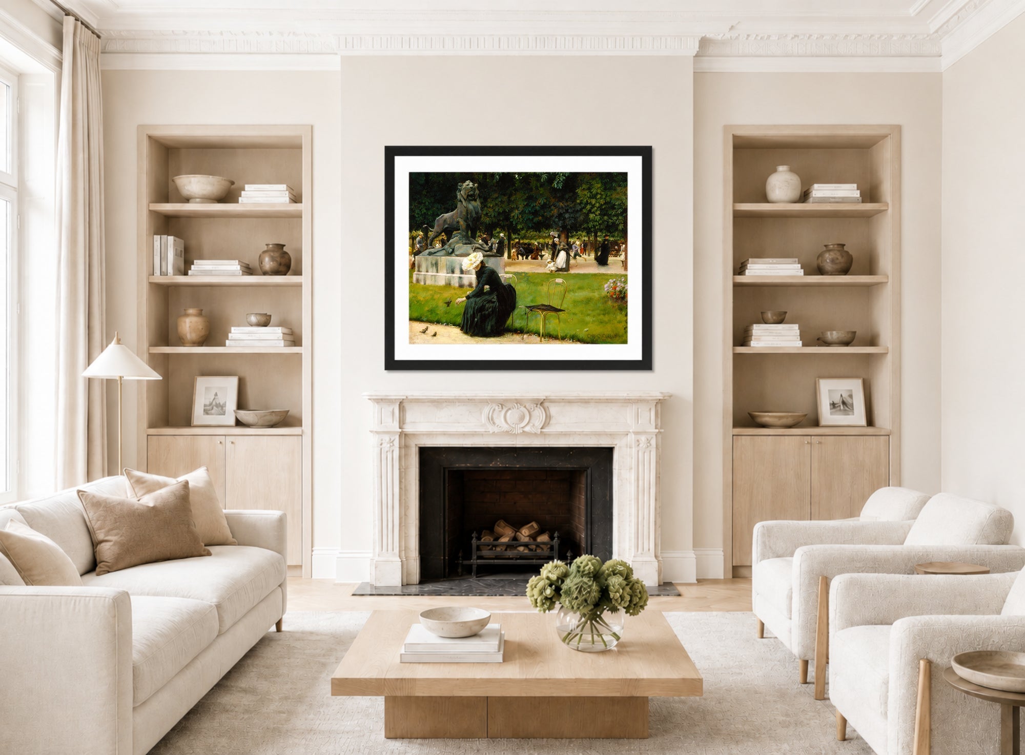 Charles Courtney Curran Print, In the Luxembourg (Garden) (1889) displayed in a Scandinavian living room