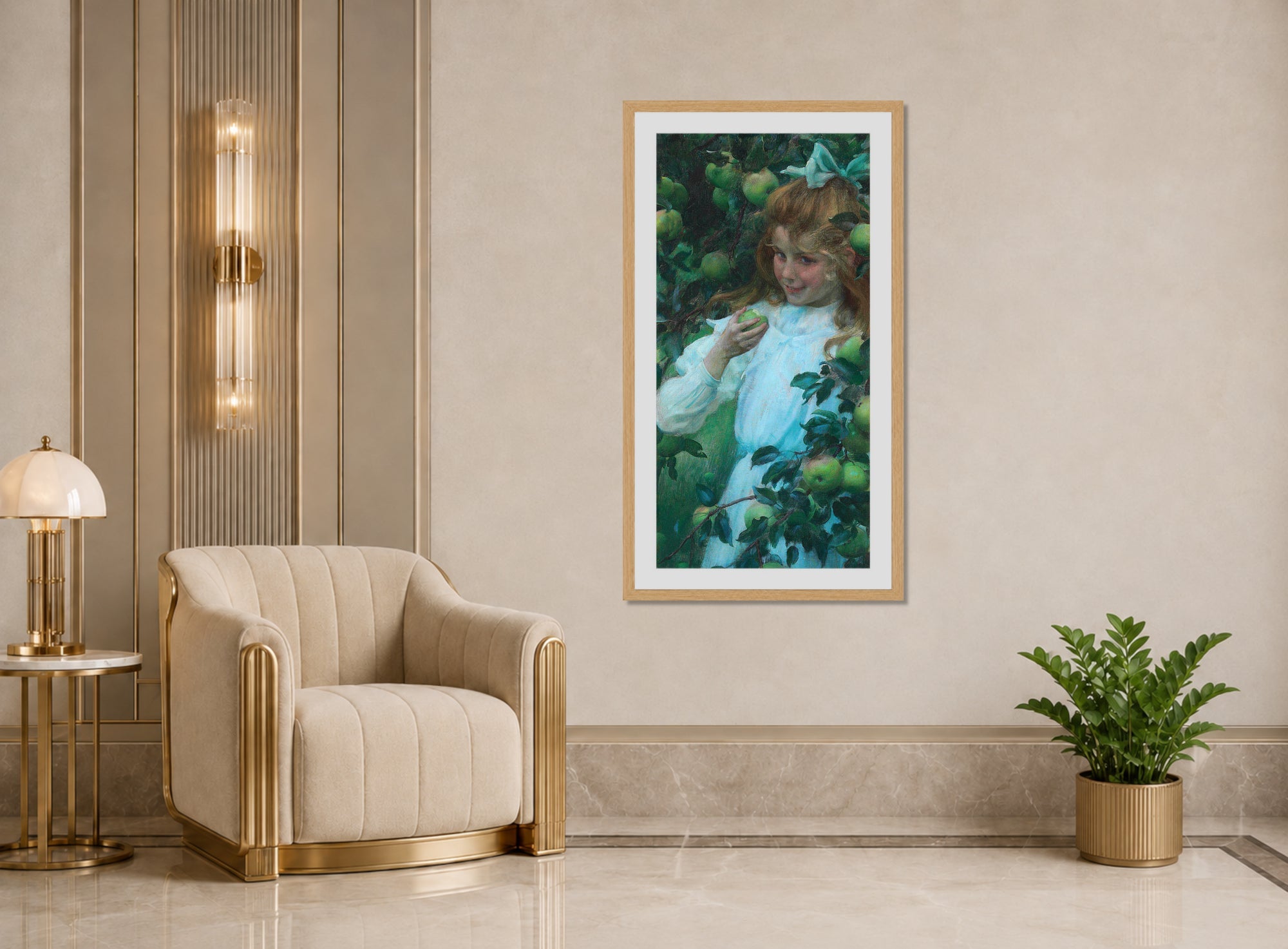Charles Courtney Curran Print, In the Orchard (1904) displayed in an Art Deco interior
