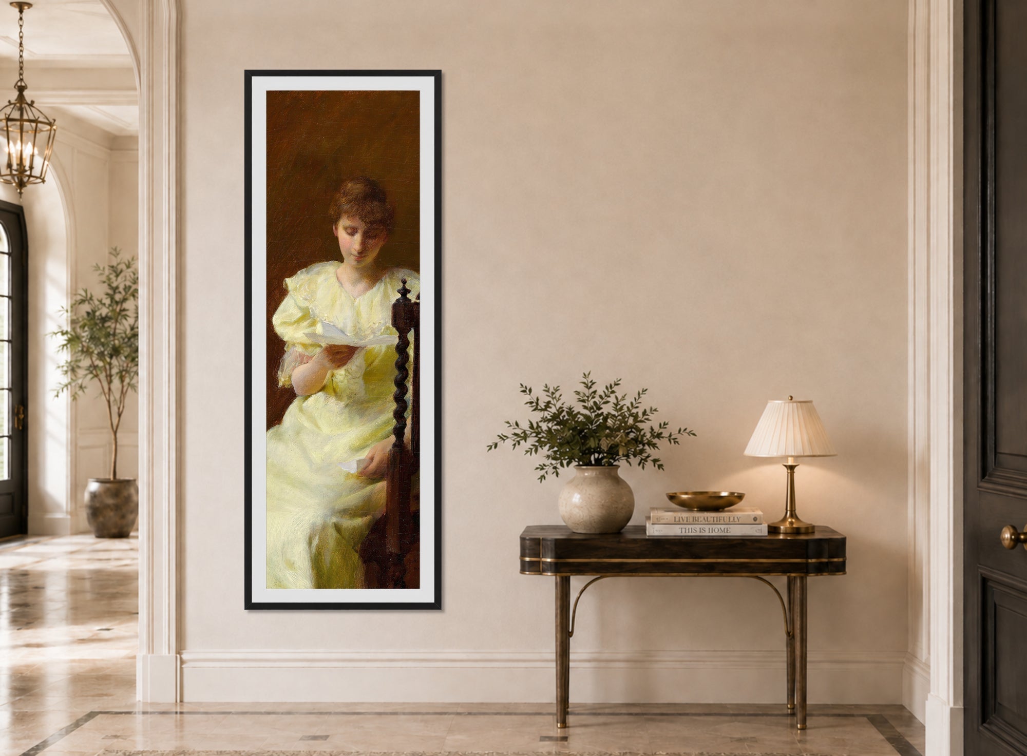 Charles Courtney Curran Print, Lady in Yellow (1893) displayed above a console table
