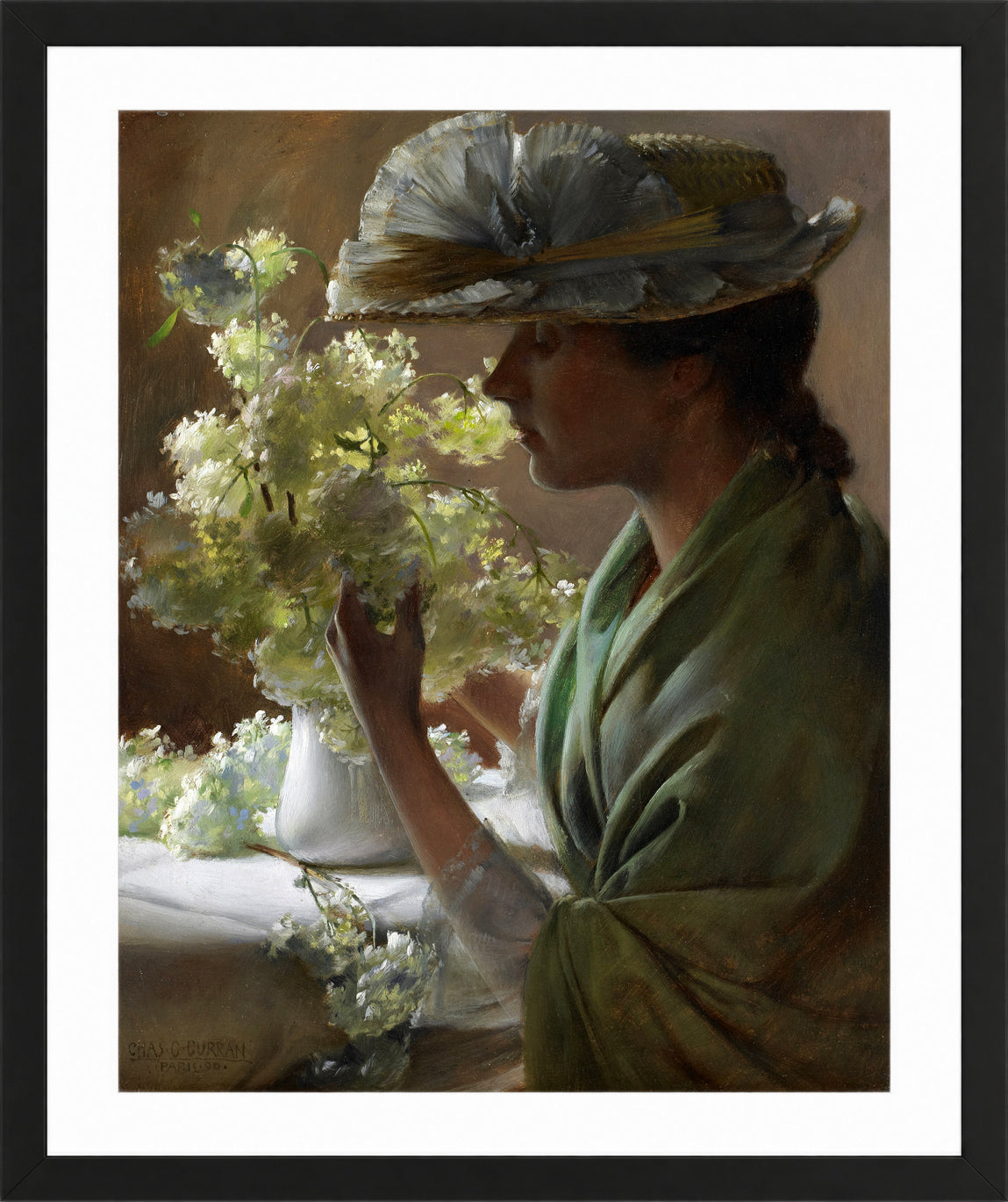 Charles Courtney Curran Print, Lady with a Bouquet (Snowballs) (1890) in a black frame