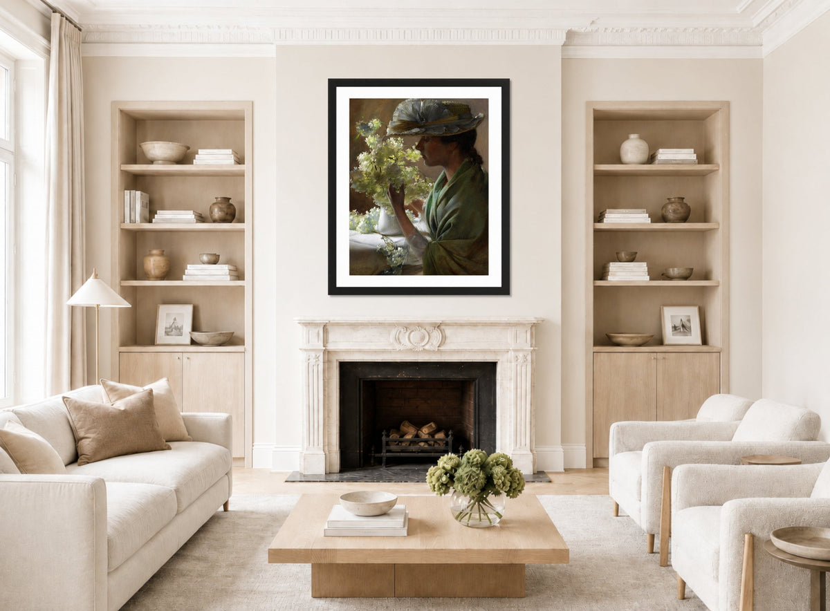 Charles Courtney Curran Print, Lady with a Bouquet (Snowballs) (1890) displayed in a Scandinavian living room