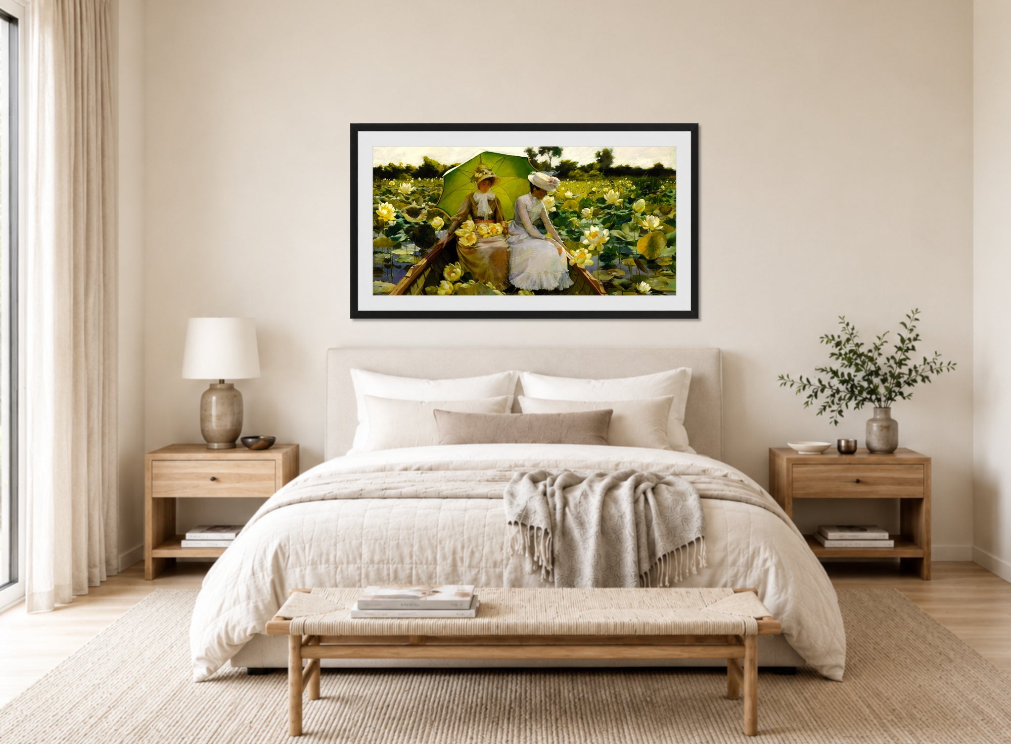 Charles Courtney Curran Print, Lotus Lilies (1888) displayed above a bed