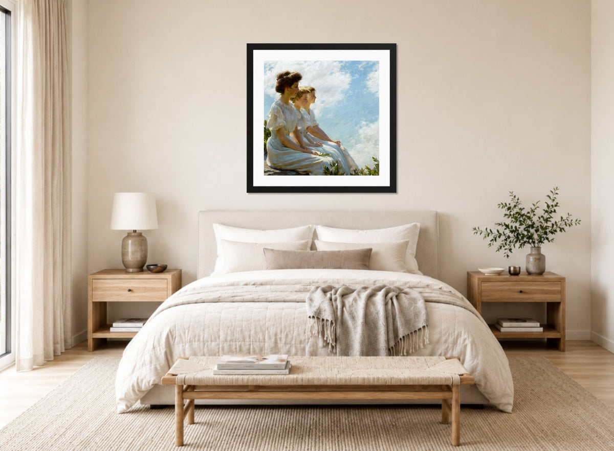 Charles Courtney Curran Print, On the Heights (c. 1909) displayed above a bed