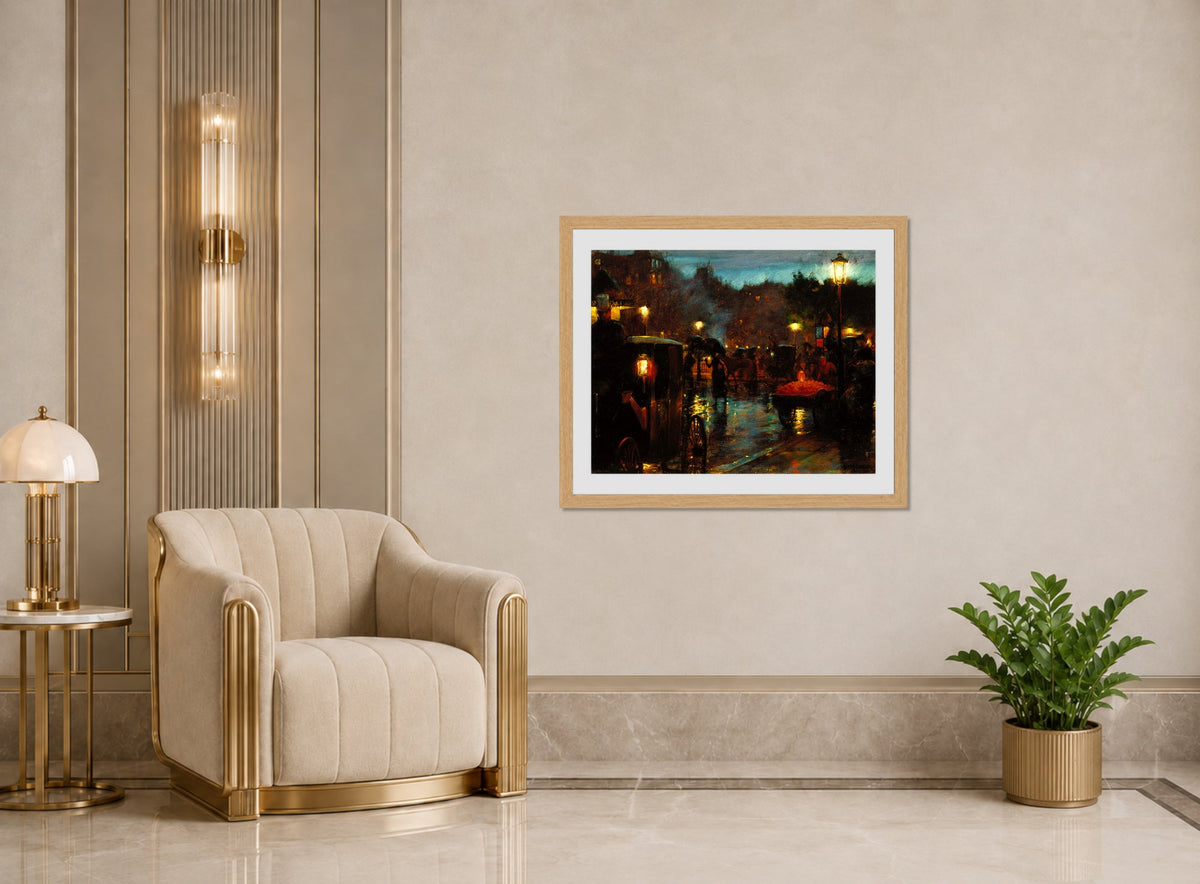 Charles Courtney Curran Print, Paris at Night (1889) displayed in an Art Deco interior