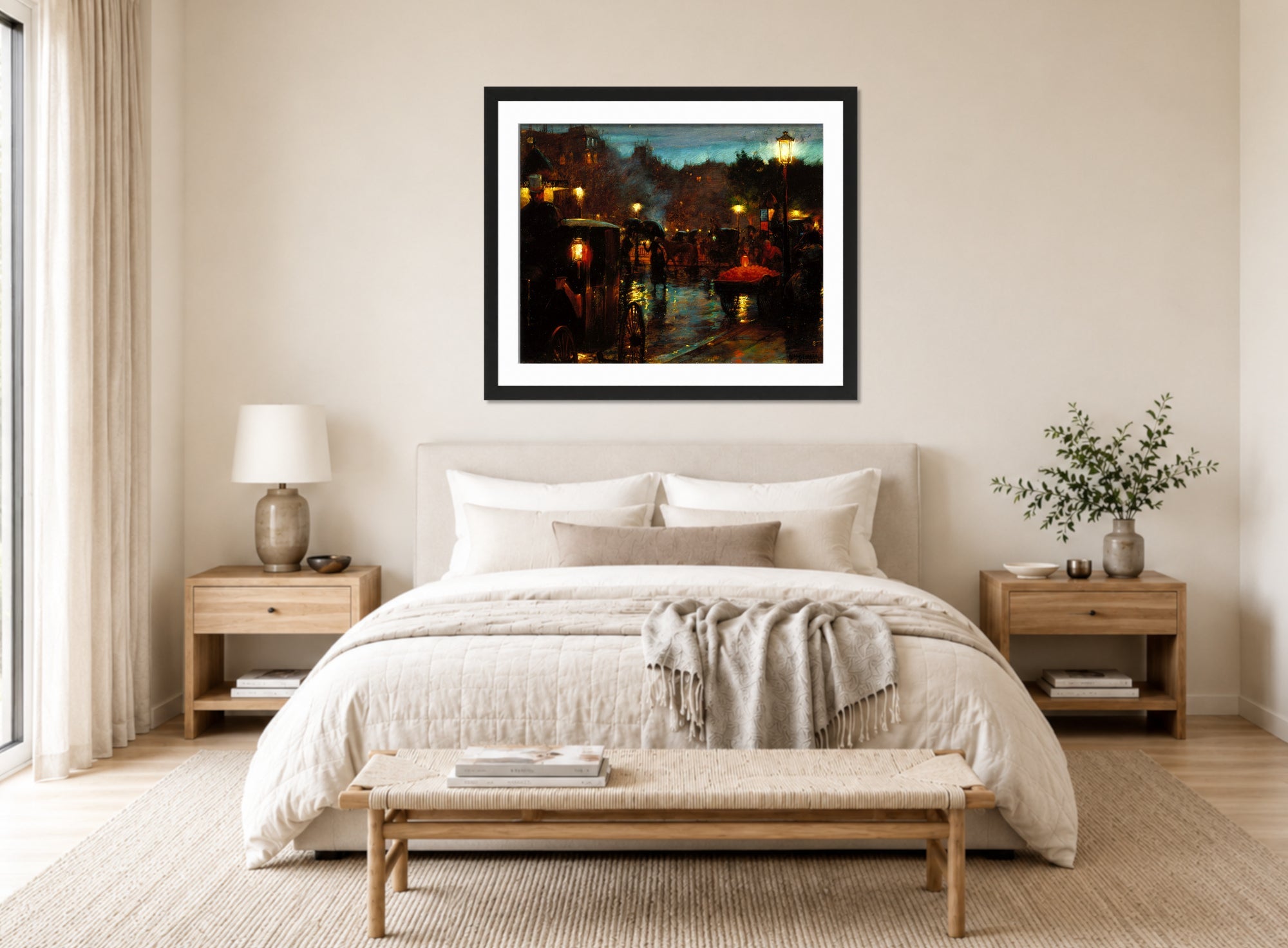 Charles Courtney Curran Print, Paris at Night (1889) displayed above a bed