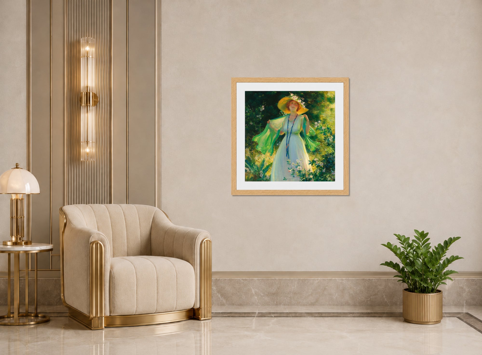 Charles Courtney Curran Print, Path of Flowers (1919) displayed in an Art Deco interior
