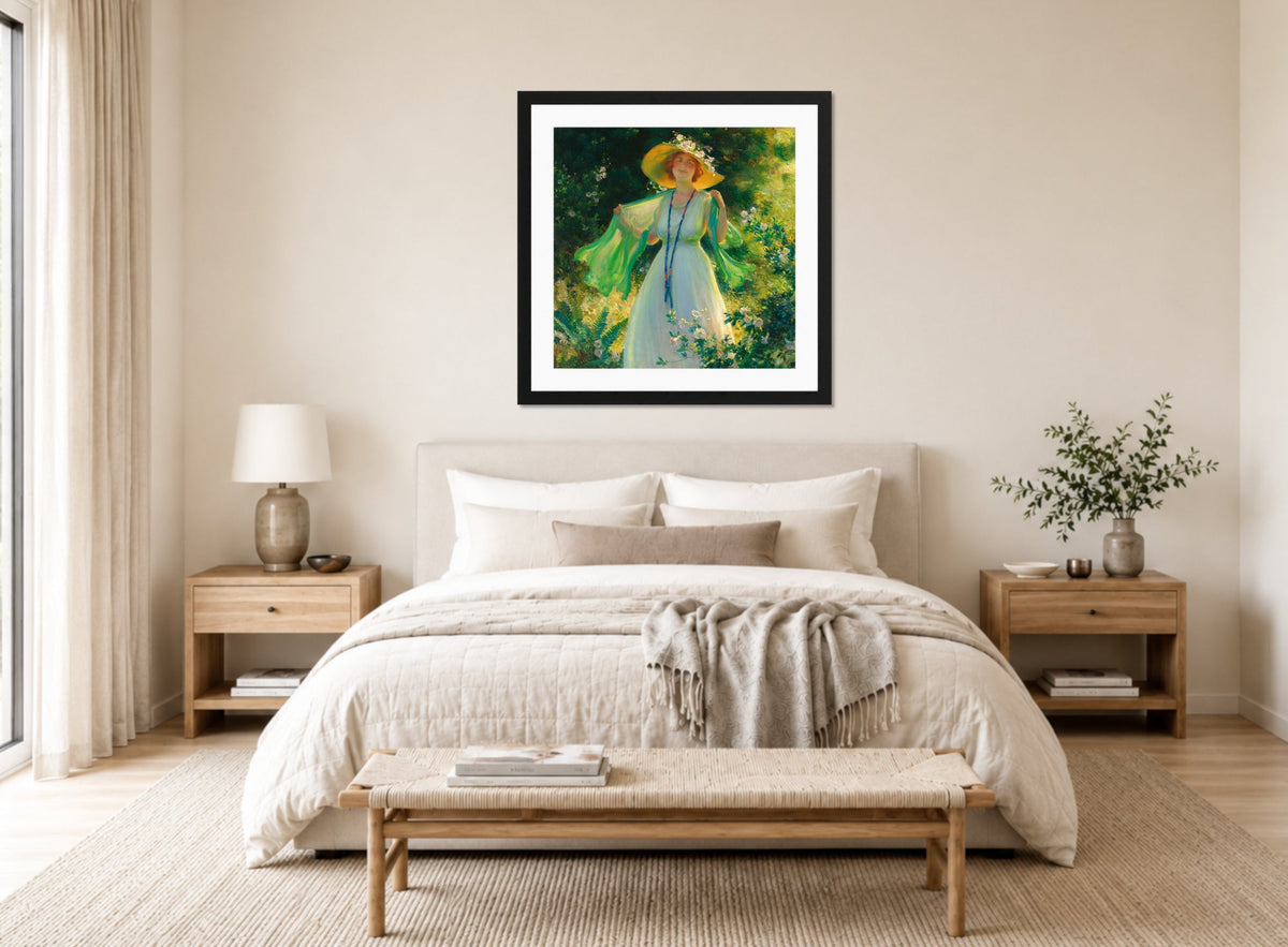 Charles Courtney Curran Print, Path of Flowers (1919) displayed above a bed