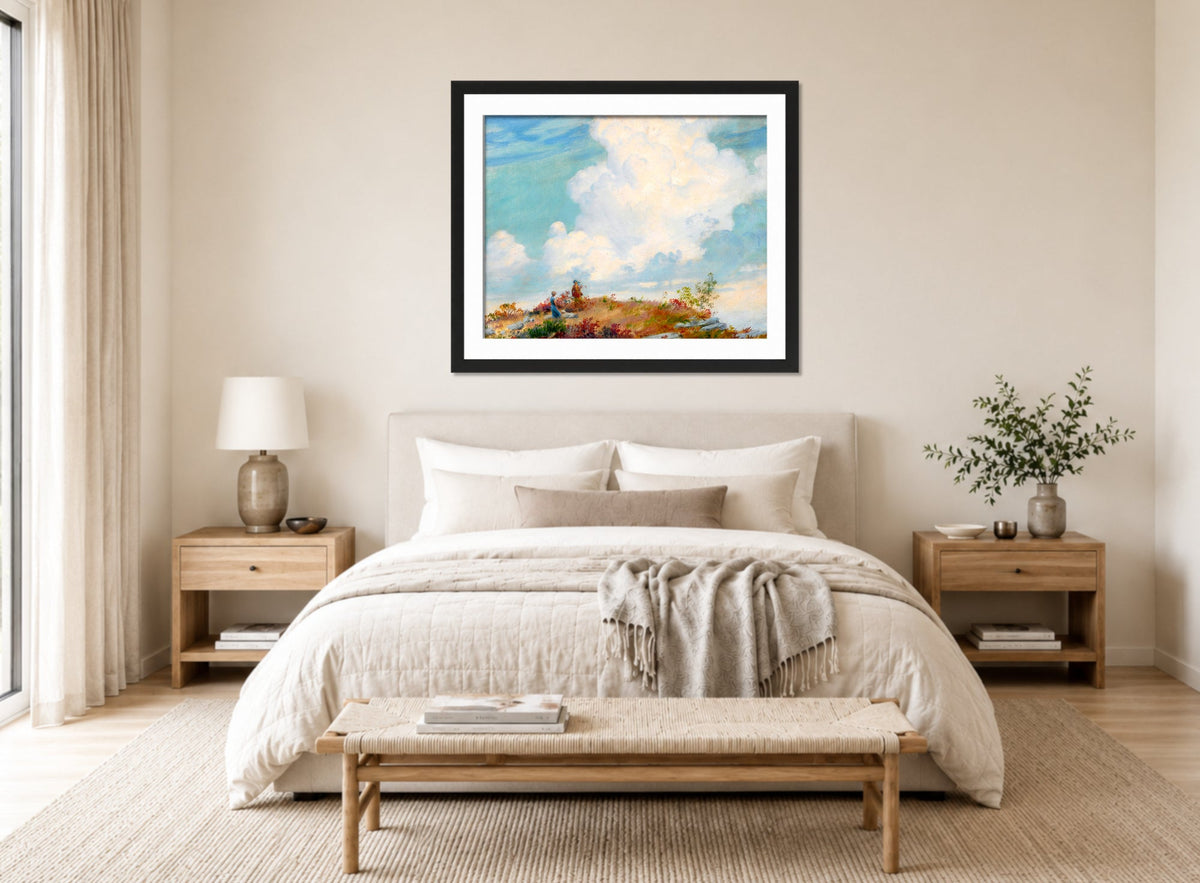 Charles Courtney Curran Print, Pink Cloud over Mountain (1925) displayed above a bed