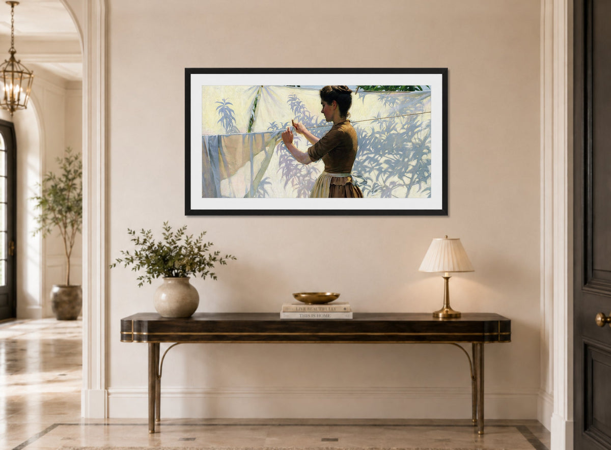 Charles Courtney Curran Print, Shadows (1887) displayed above a console table