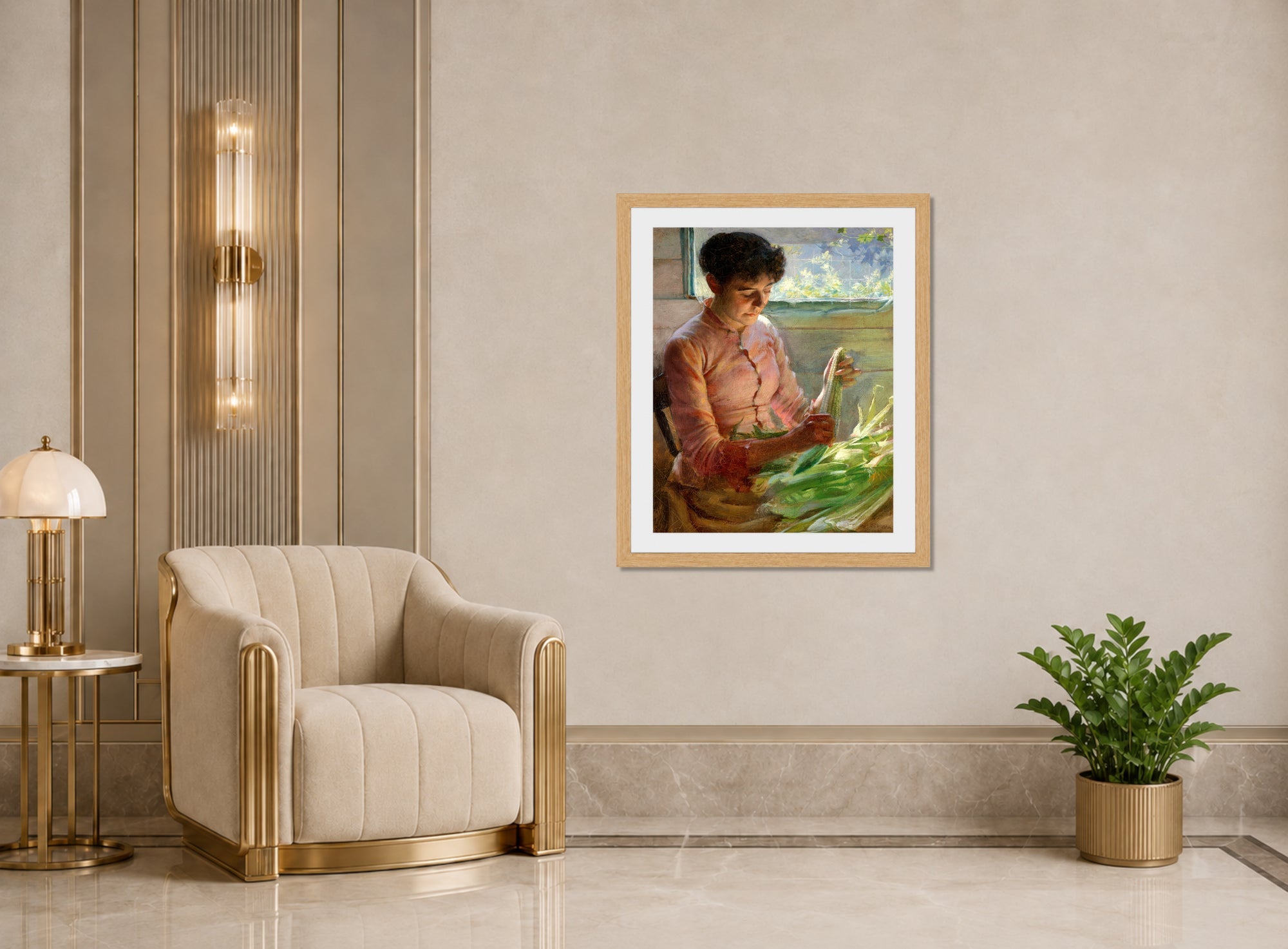 Charles Courtney Curran Print, Shucking Corn (1891) displayed in an Art Deco interior