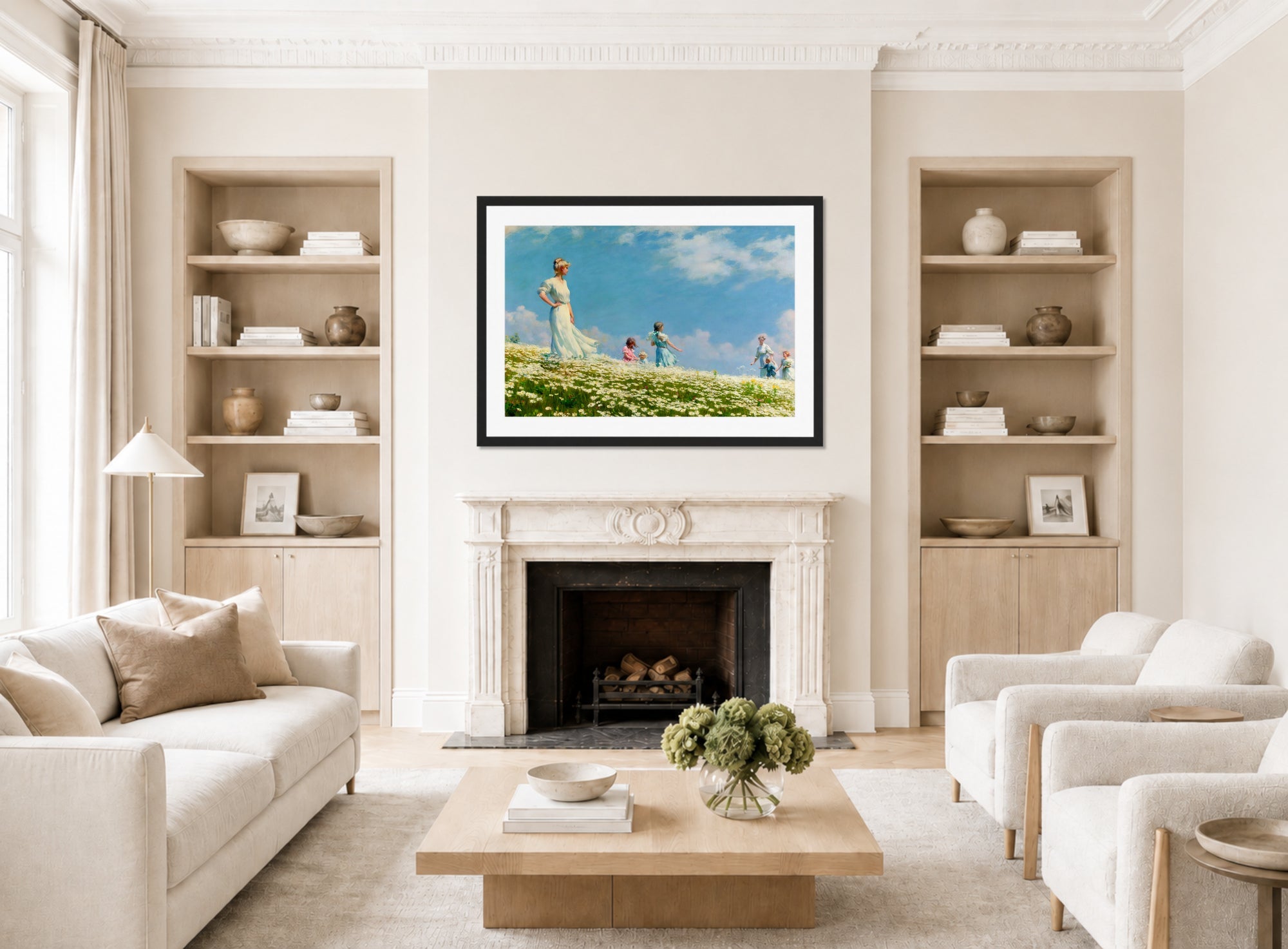 Charles Courtney Curran Print, Summer (1906) displayed in a Scandinavian living room