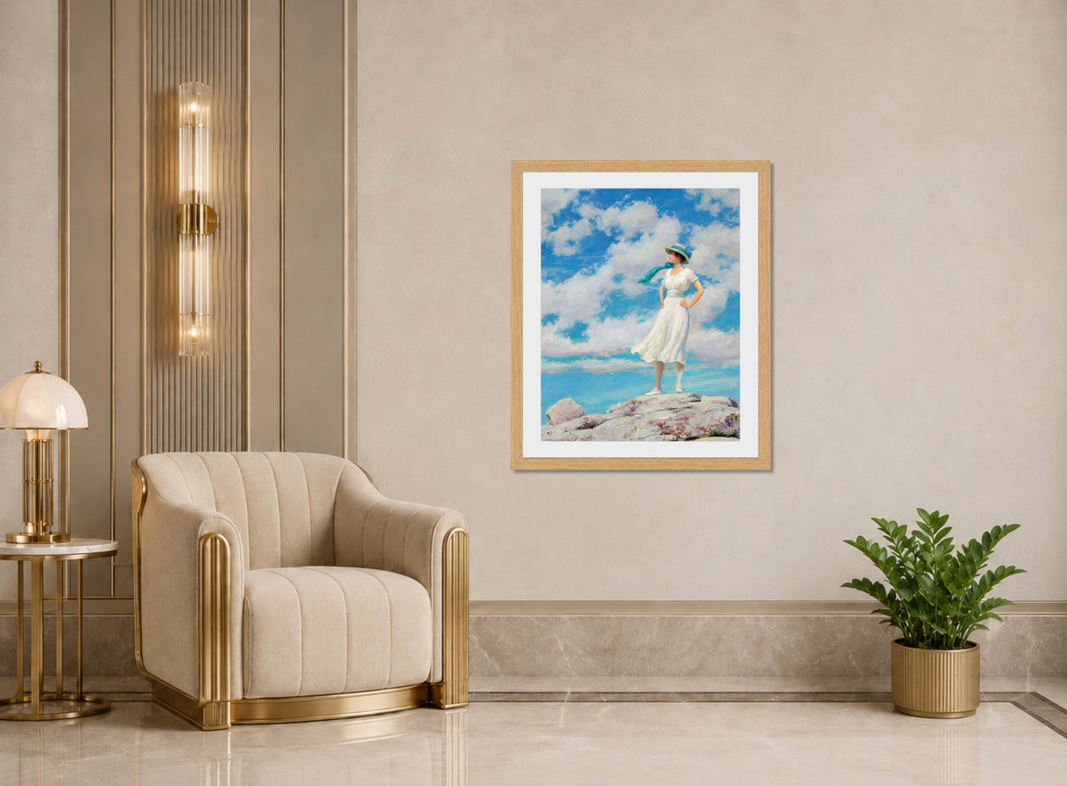 Charles Courtney Curran Print, Summy Sky (On the Summit) (c. 1918) displayed in an Art Deco interior