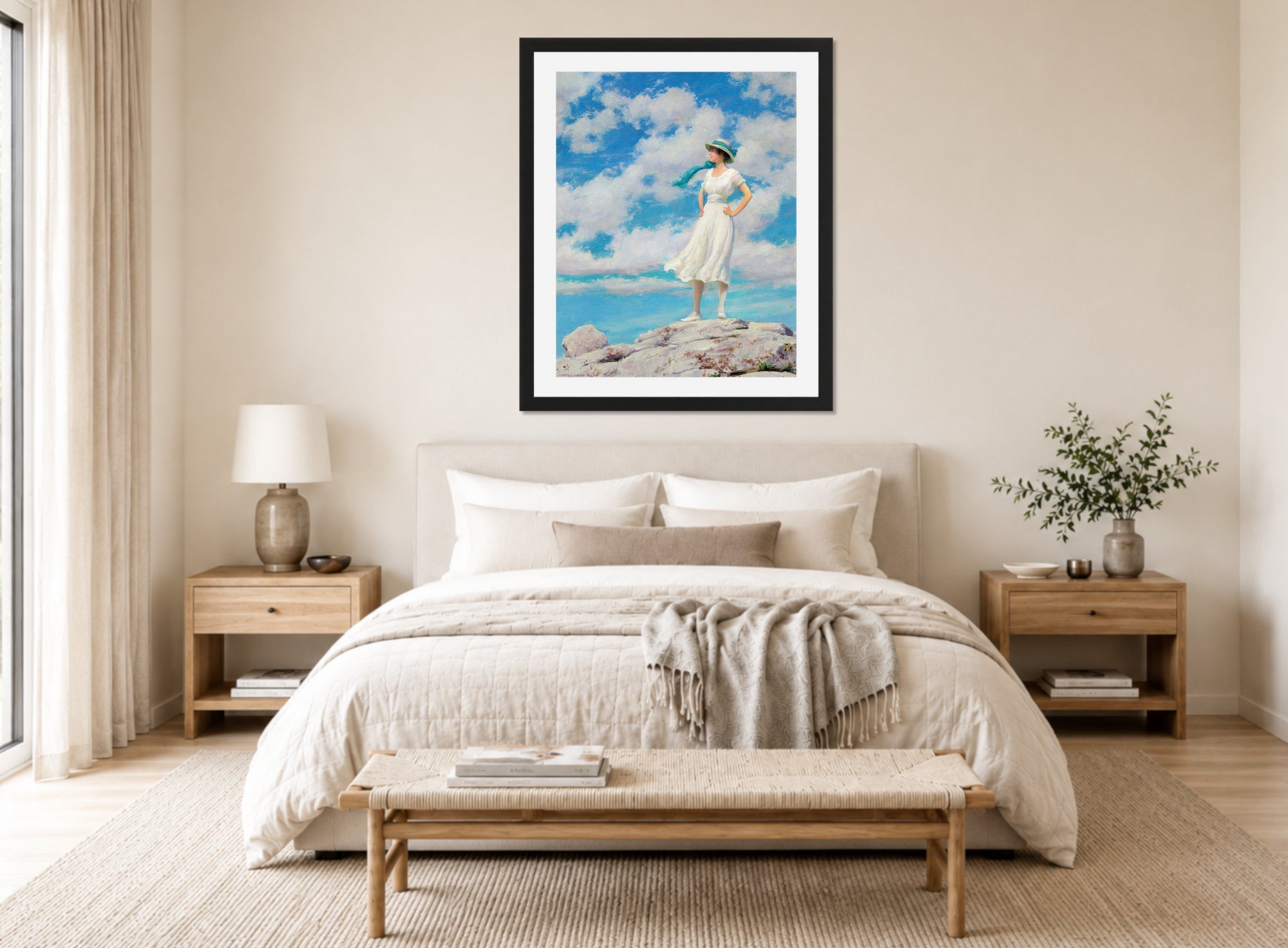 Charles Courtney Curran Print, Summy Sky (On the Summit) (c. 1918) displayed above a bed