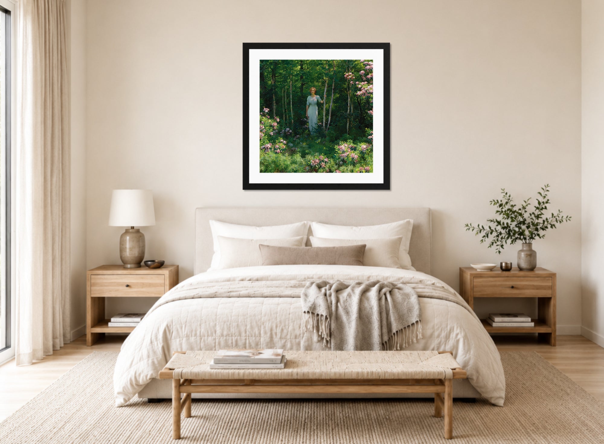 Charles Courtney Curran Print, The Edge of the Woods (1912) displayed above a bed