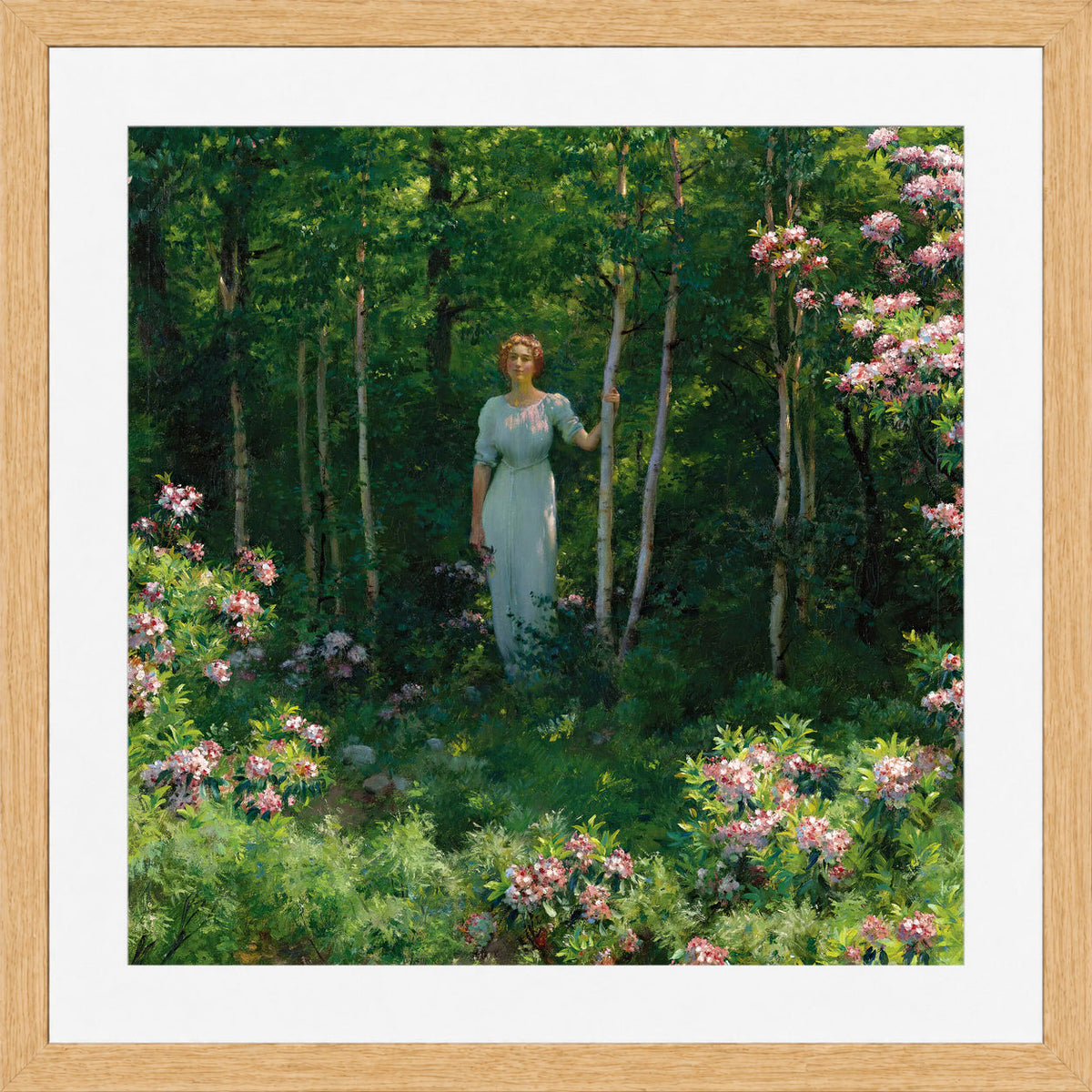 Charles Courtney Curran Print, The Edge of the Woods (1912) in a light oak frame