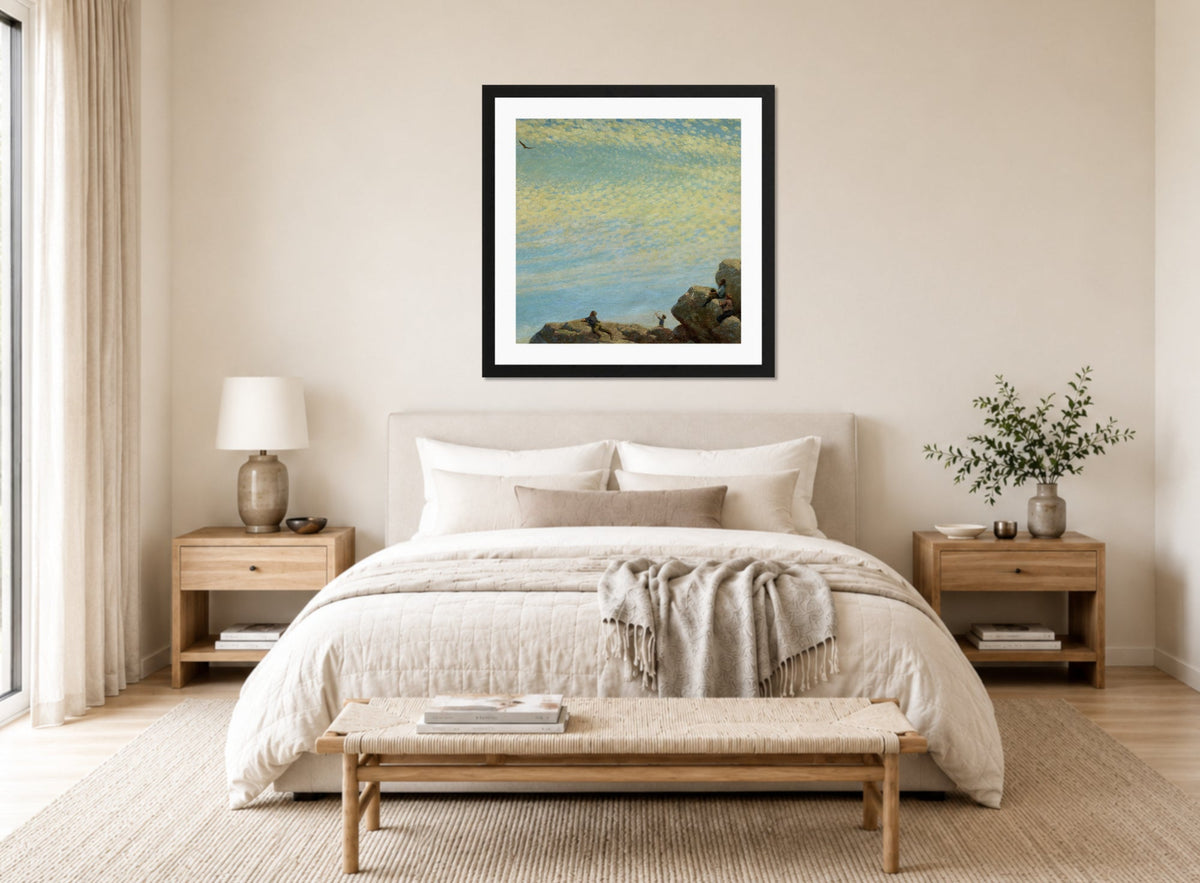 Charles Courtney Curran Print, The Hawk (1909) displayed above a bed