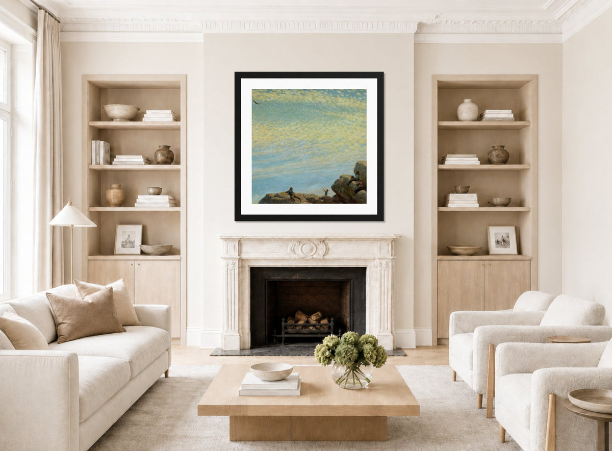 Charles Courtney Curran Print, The Hawk (1909) displayed in a Scandinavian living room