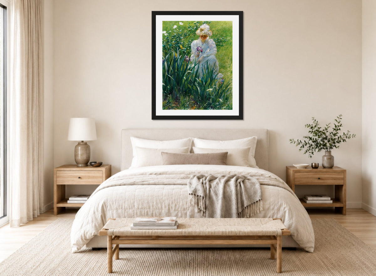 Charles Courtney Curran Print, The Iris Bed (1891) displayed above a bed