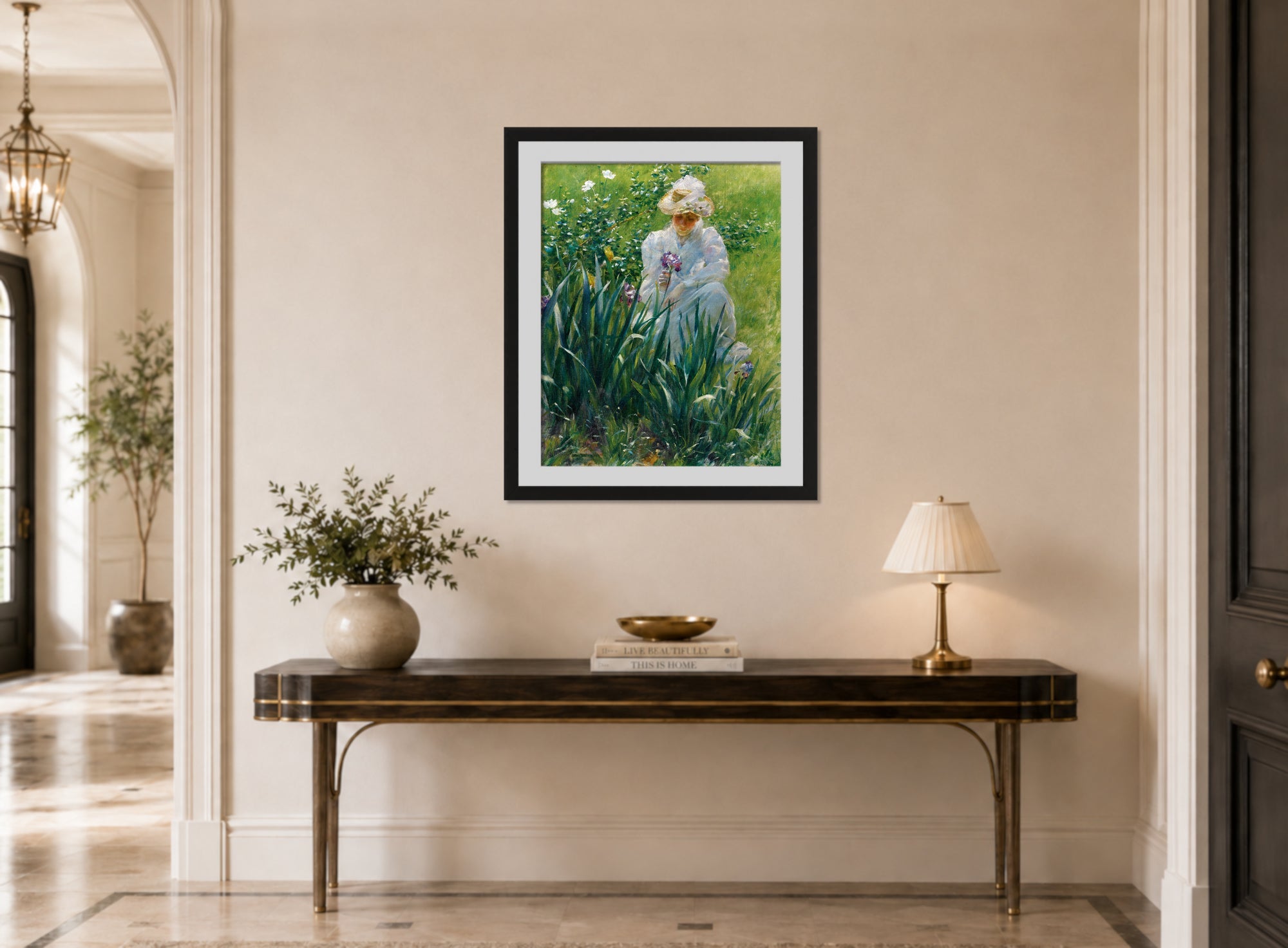 Charles Courtney Curran Print, The Iris Bed (1891) displayed above a console table