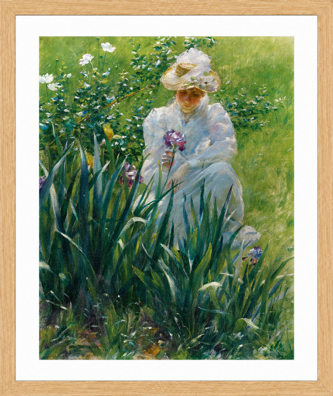 Charles Courtney Curran Print, The Iris Bed (1891) in a light oak frame