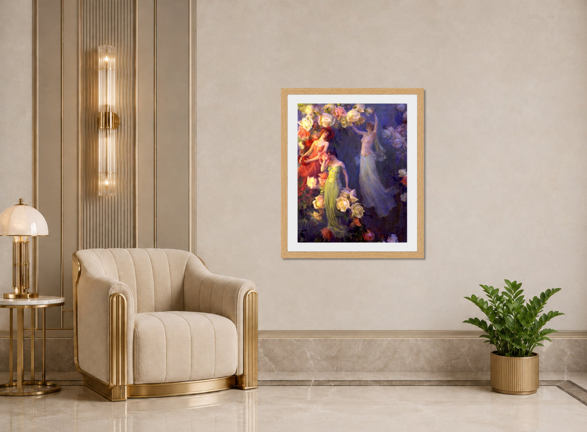 Charles Courtney Curran Print, The Perfume of Roses (1902) displayed in an Art Deco interior