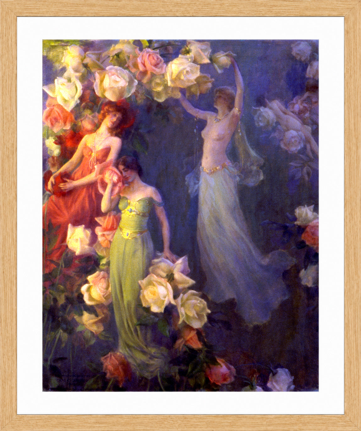 Charles Courtney Curran Print, The Perfume of Roses (1902) in a light oak frame