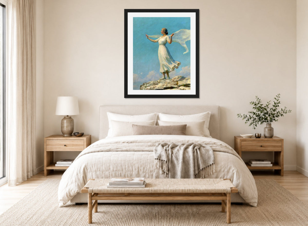 Charles Courtney Curran Print, The South Wind (The Breezy Day) (1917) displayed above a bed