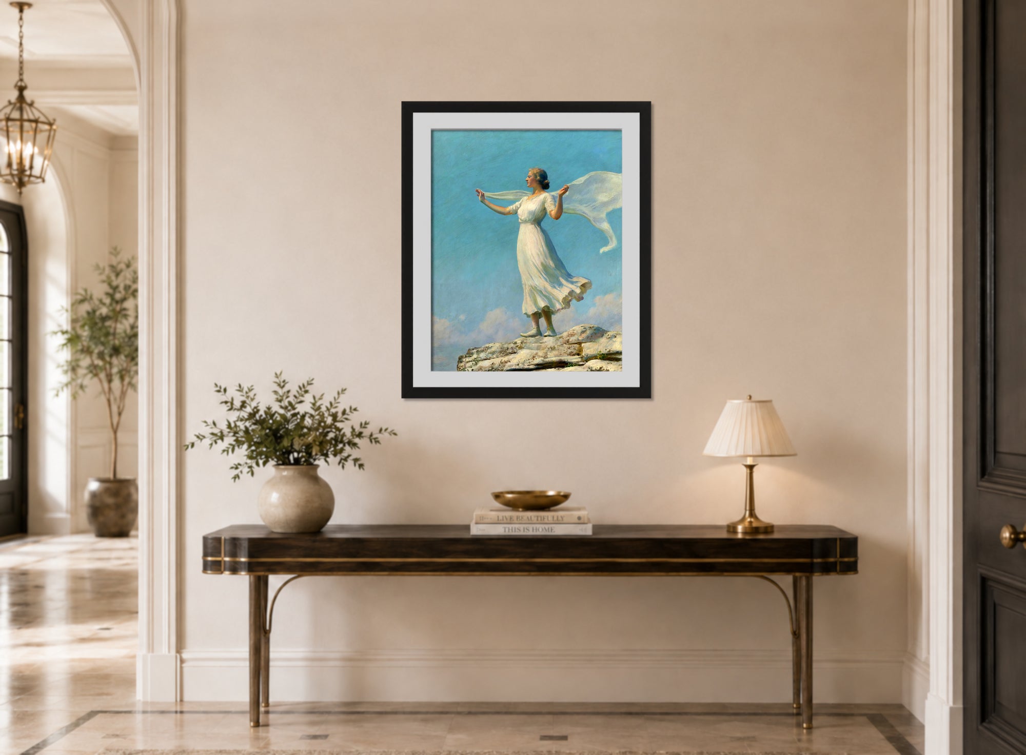 Charles Courtney Curran Print, The South Wind (The Breezy Day) (1917) displayed above a console table