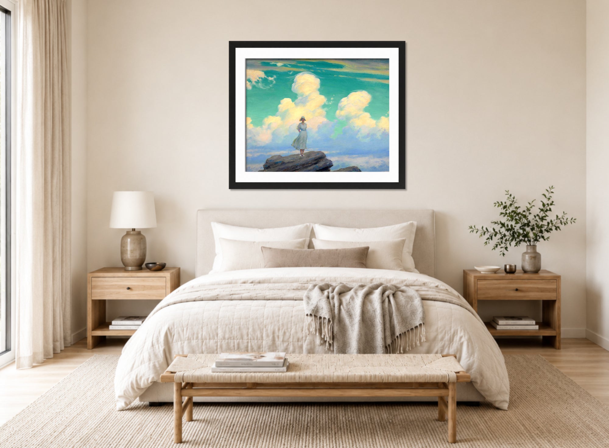 Charles Courtney Curran Print, The Veiled Cloud (1926) displayed above a bed