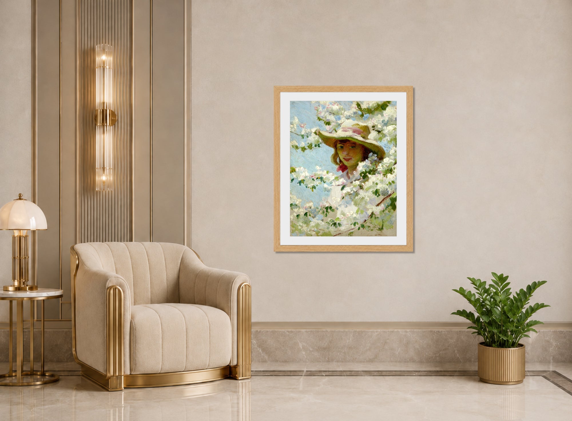 Charles Courtney Curran Print, Untitled displayed in an Art Deco interior