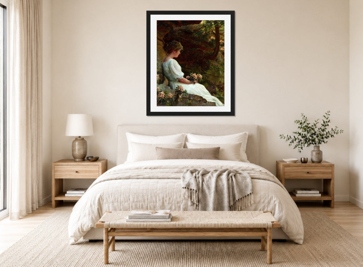 Charles Courtney Curran Print, Wishful Thinking (1913) displayed above a bed