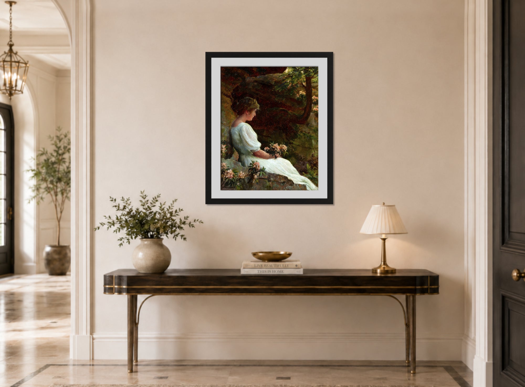 Charles Courtney Curran Print, Wishful Thinking (1913) displayed above a console table