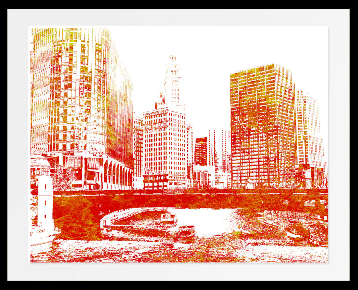 A framed art print featuring a stylized, high-contrast red and orange cityscape with skyscrapers and a riverboat on the water, presented in a black frame with a white mat.
