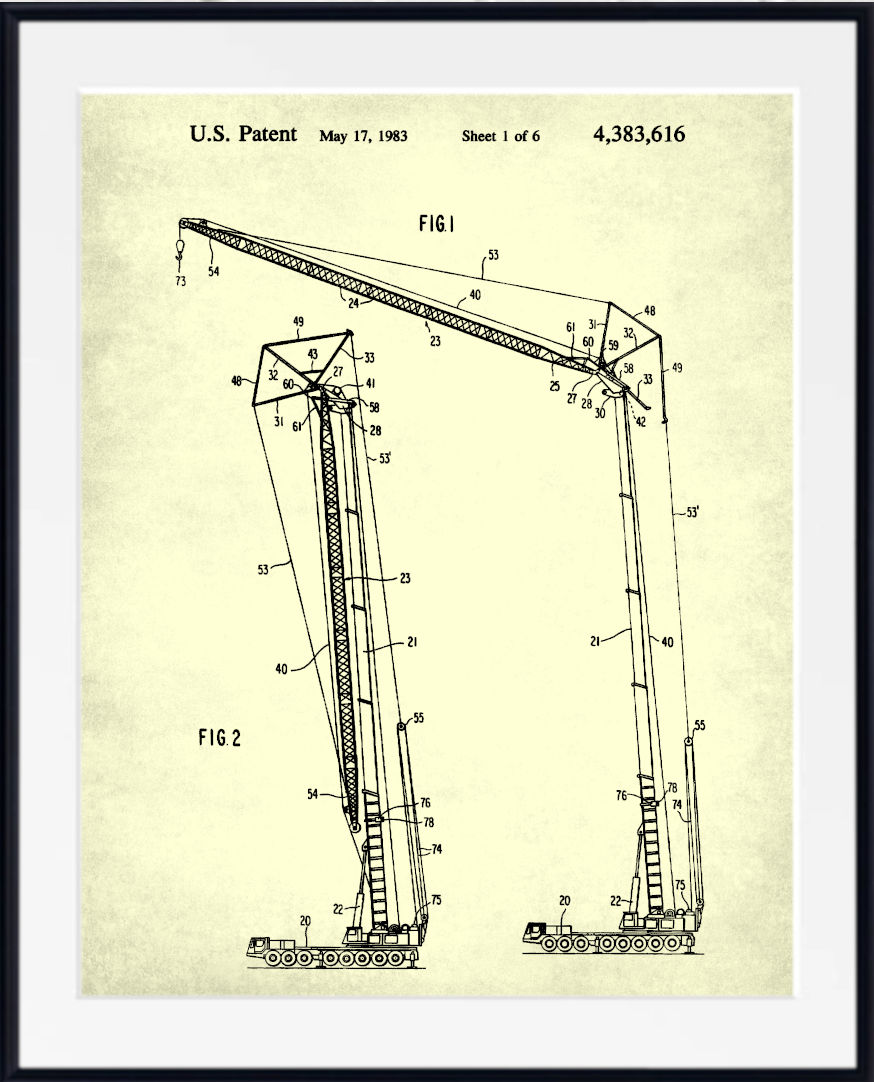 A framed vintage U.S. crane patent print
