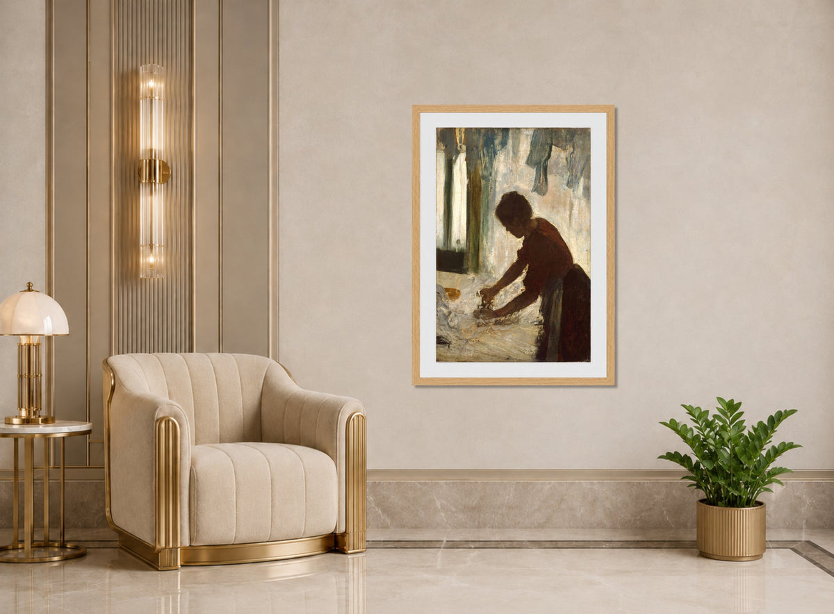 Edgar Degas Print, A Woman Ironing (1873) displayed in an Art Deco interior