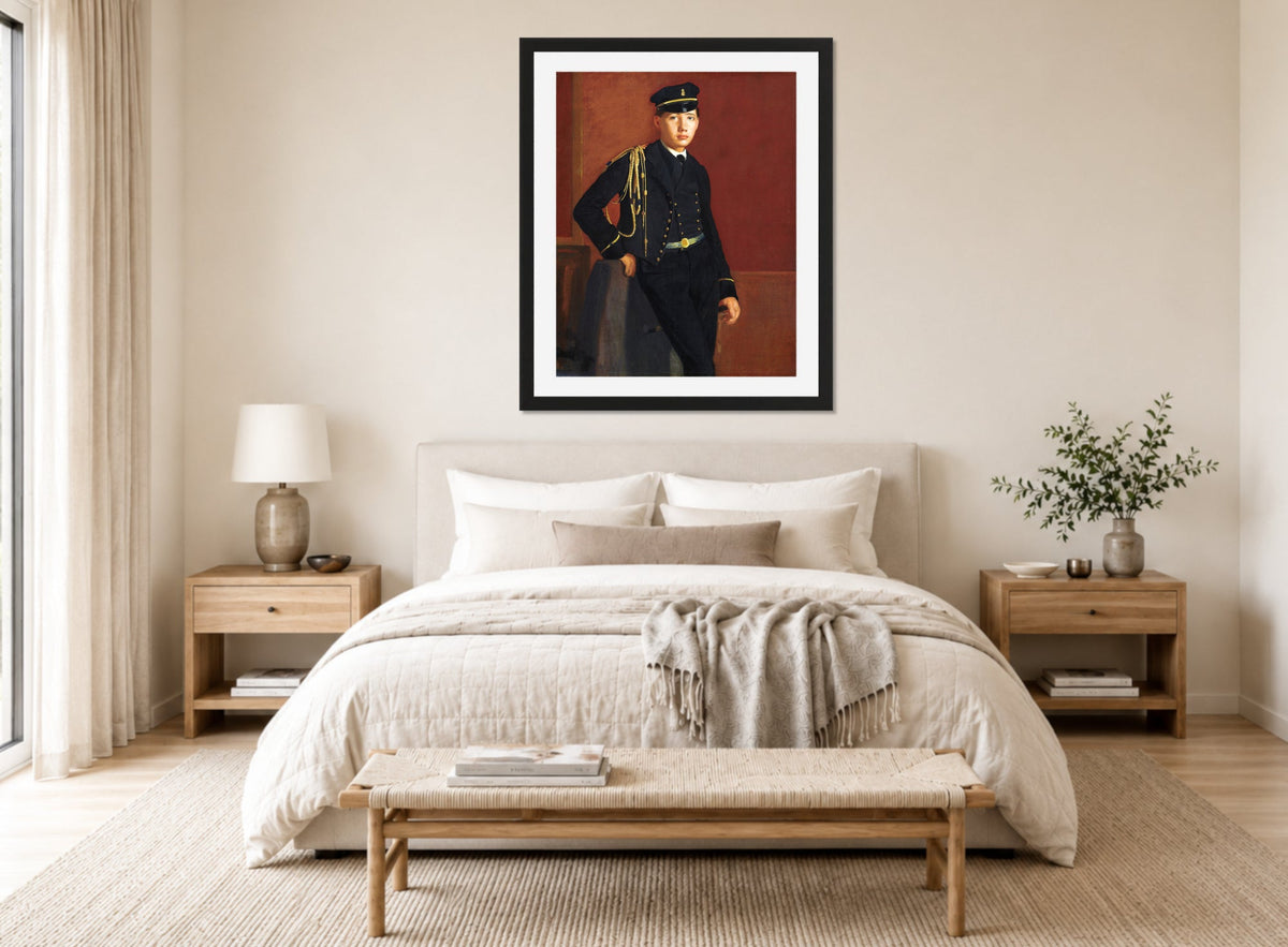 Edgar Degas Print, Achille De Gas in the Uniform of a Cadet (1856-1857) displayed above a bed