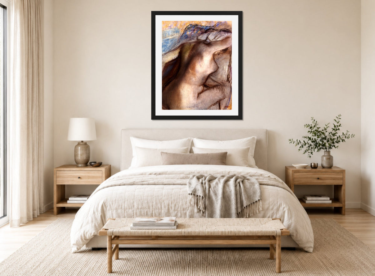 Edgar Degas Print, After the bath, woman drying herself (1884-1886) displayed above a bed