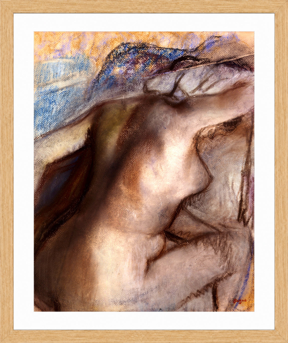 Edgar Degas Print, After the bath, woman drying herself (1884-1886) in a light oak frame