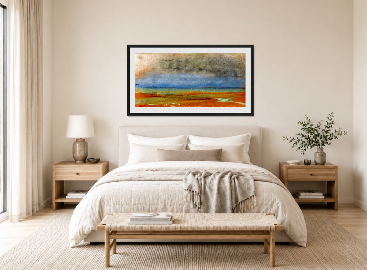 Edgar Degas Print, Au bord de la mer (1869) displayed above a bed