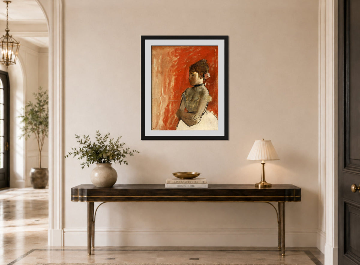 Edgar Degas Print, Ballet Dancer With Arms Crossed (circa 1872) displayed above a console table
