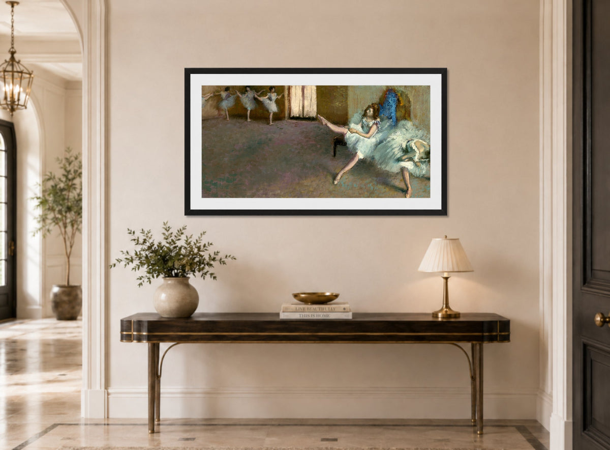 Edgar Degas Print, Before the Ballet (1890-1892) displayed above a console table