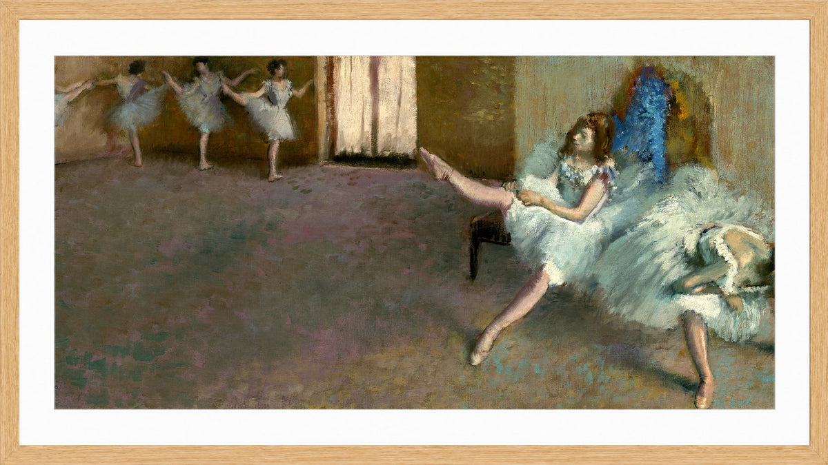 Edgar Degas Print, Before the Ballet (1890-1892) in a light oak frame