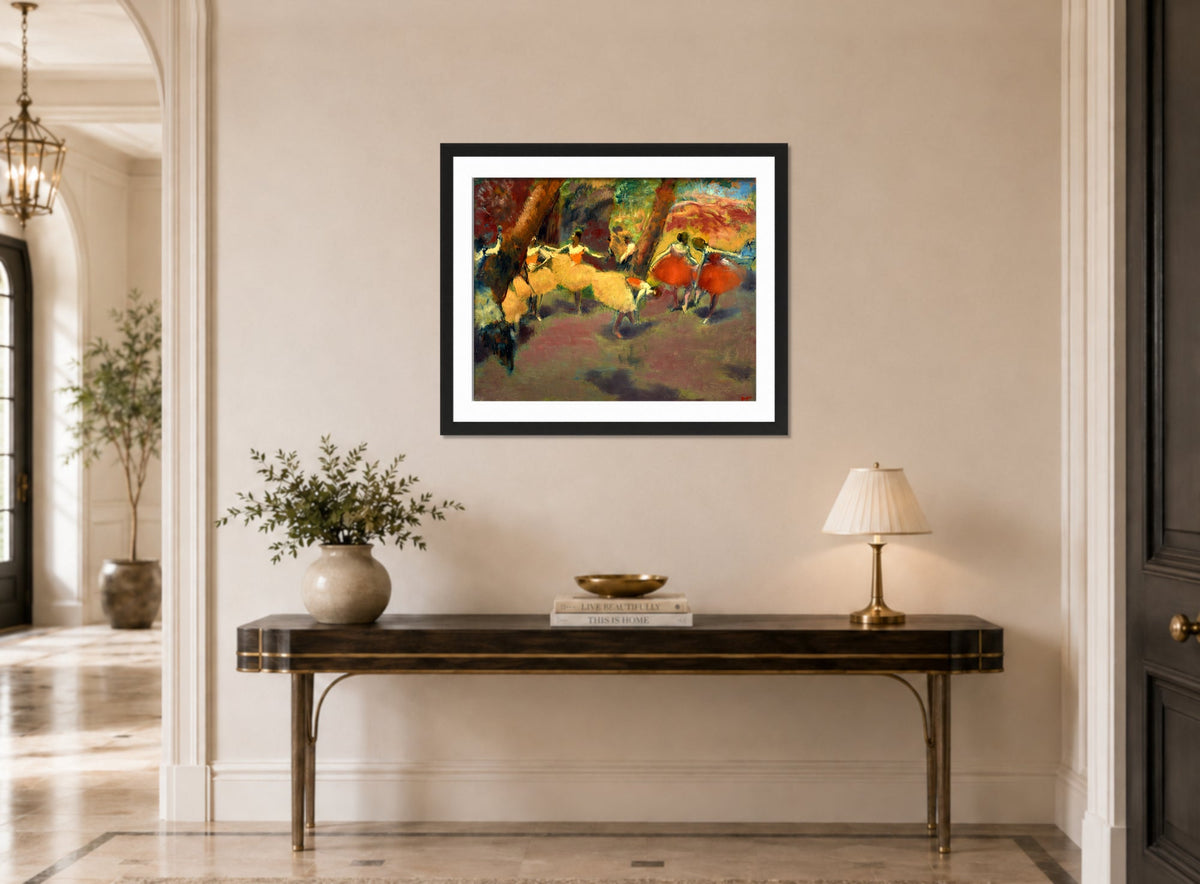 Edgar Degas Print, Before The Performance displayed above a console table