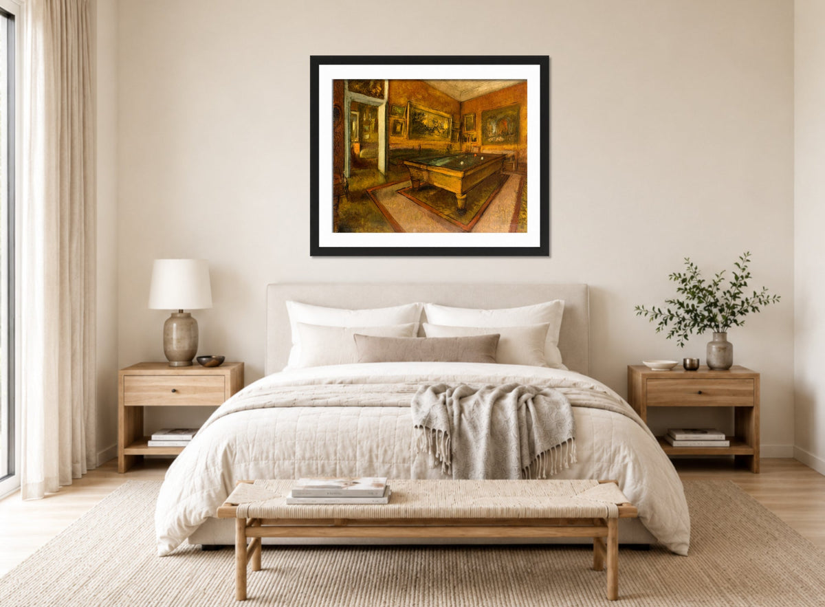 Edgar Degas Print, Billiard Room at Ménil-Hubert (1892) displayed above a bed