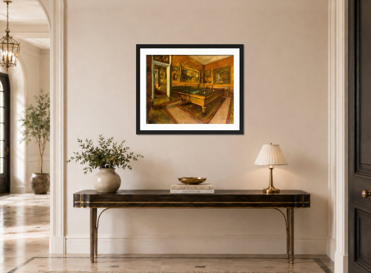 Edgar Degas Print, Billiard Room at Ménil-Hubert (1892) displayed above a console table