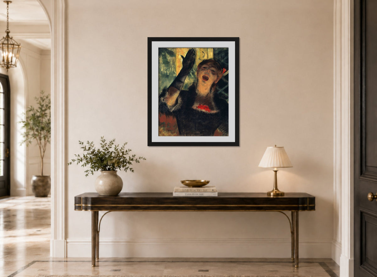 Edgar Degas Print, Café Singer (1879) displayed above a console table